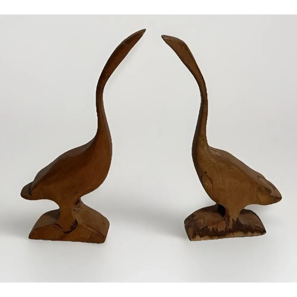 Pair Of Vintage Mid Century Modern Wooden Hand Carved Bird Crane Goose Set
